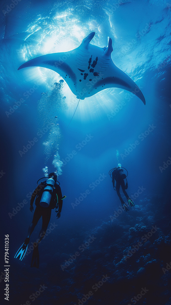 Fototapeta premium Oceanic Depths: Manta Ray Encounters Divers