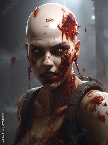 Digital horror illustration of bloody female zombie with scars 