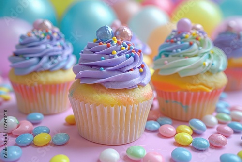 Cupcake balloon, rainbow, candy, cartoon surprise birthday party retro style close-up