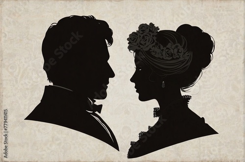 Vintage silhouette profile of victorian woman and man. Elegant silhouette of a female and male lovers. Bun hairstyle. Monochrome gamma. AI generated