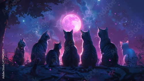 A magical scene where a group of cats perform a ritual under the light of the moon