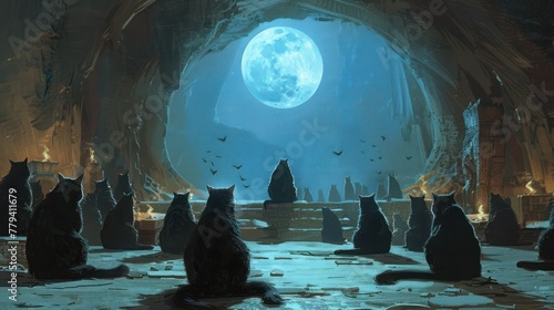 A magical scene where a group of cats perform a ritual under the light of the moon