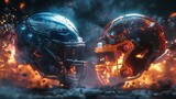 Two futuristic football helmets clashing against each other burst between them