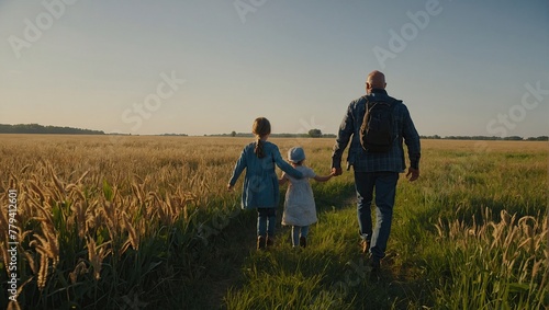 Father and his children walking in the field