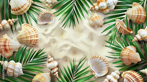 Seashell clipart framed by palm fronds photo