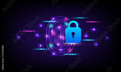 Cyber security and cyber crime concept. Electronic thumb fingerprint on futuristic technology abstract background. Digital protection. Scanning for protecting data. Hacker protection.