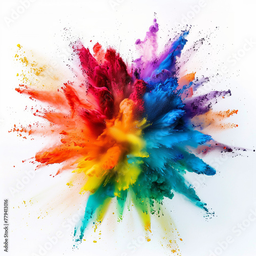 Multicolor rainbow powder, paint explosion on white isolated background. Paint Holi, holi paint color powder explosion.