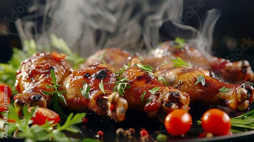 a sizzling hot dish with succulent chicken drumsticks perfectly roasted, garnished with fresh herbs photo