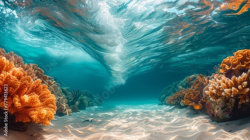 Underwater view of a vibrant coral reef with a wave breaking on the surface above. © victoriazarubina