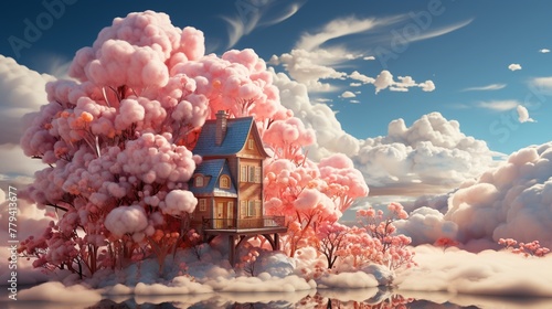 Cartoon dreamers beneath a surreal cloud house a scene of wonder and aspiration leica summilux-c 35mm f/1.4 rf