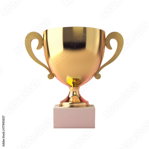A gold trophy on a white pedestal