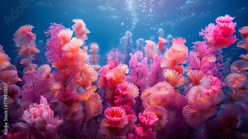 Sunbeams illuminate the soft pink coral forest in the depths of a serene underwater landscape. © victoriazarubina