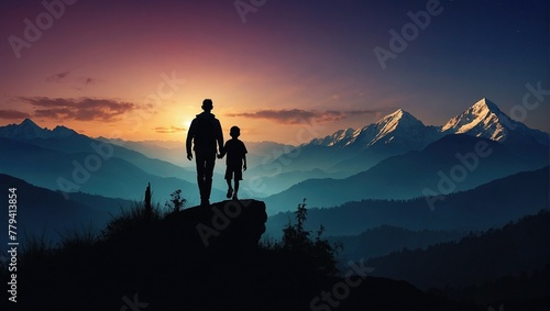 Father day with Silhouette son is riding his father's neck at Mountain peaks in evening time vector design