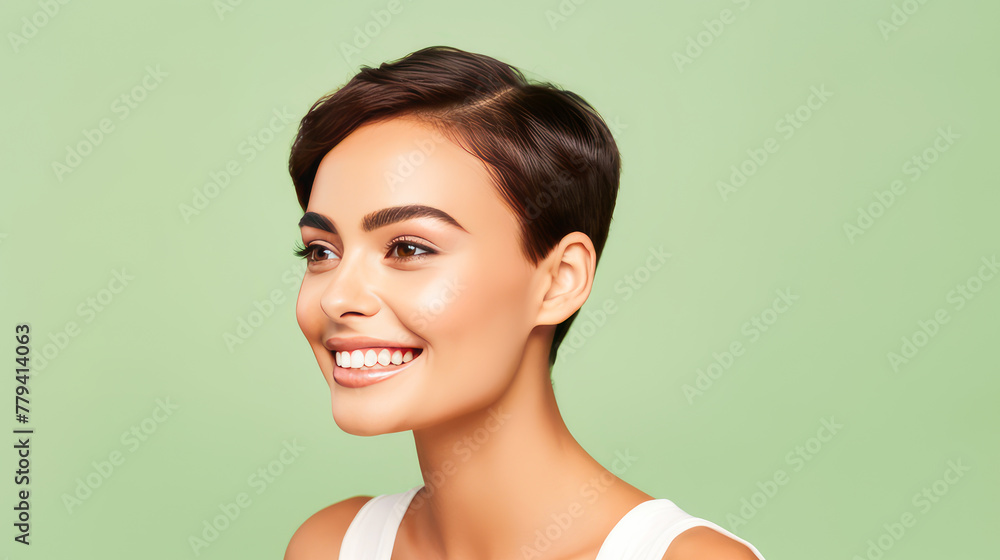 Fototapeta premium Beautiful, elegant, sexy Latino, Spain with short haircut woman with perfect skin, green background, banner.