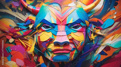 A detailed view of a shape-shifting head  combining human and bull features on a colorful circuit background