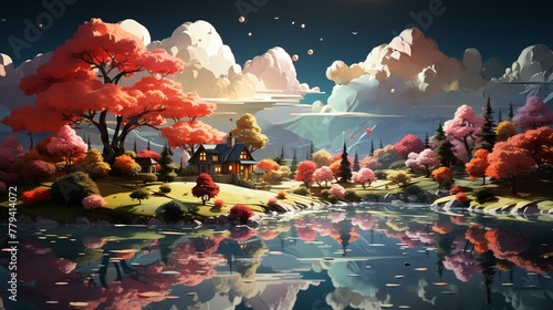 A cartoon artist painting outdoors canvas showing a beautiful landscape with a cloud house