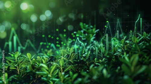 A tableau of upward trending graphs and currency symbols, seamlessly integrated with greenery, presenting a vision of financial development rooted in sustainability