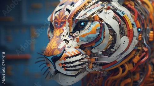 A tiger s head seamlessly integrated into a vivid electronic circuit  symbolizing the force of futuristic tech  origami  futuristic neon  hyper-realistic photography