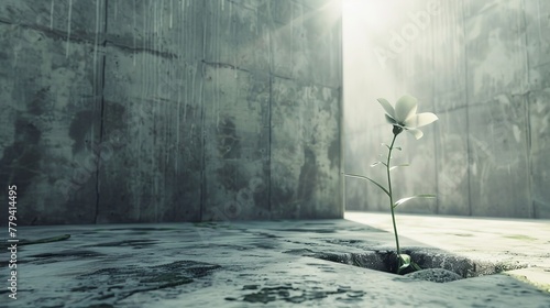 A single flower growing through concrete, symbolizing hope in a monochromatic setting, its elegance highlighted by futuristic ambient lighting