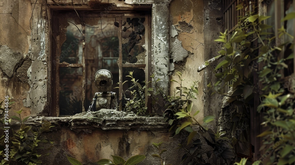 Amidst the remnants of an old building, a robot explores the boundary between vintage decay and modern discovery, framed by an antique window Amidst the remnants of an old building, a robot explores the boundary between vintage decay and modern discovery, framed by an antique window