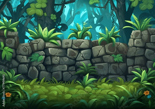 Jungle scene with overgrown stone ruins amid lush green foliage.