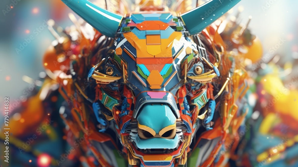 Close-up of a futuristic bull head merging with a vibrant electronic board, symbolizing powerful technology