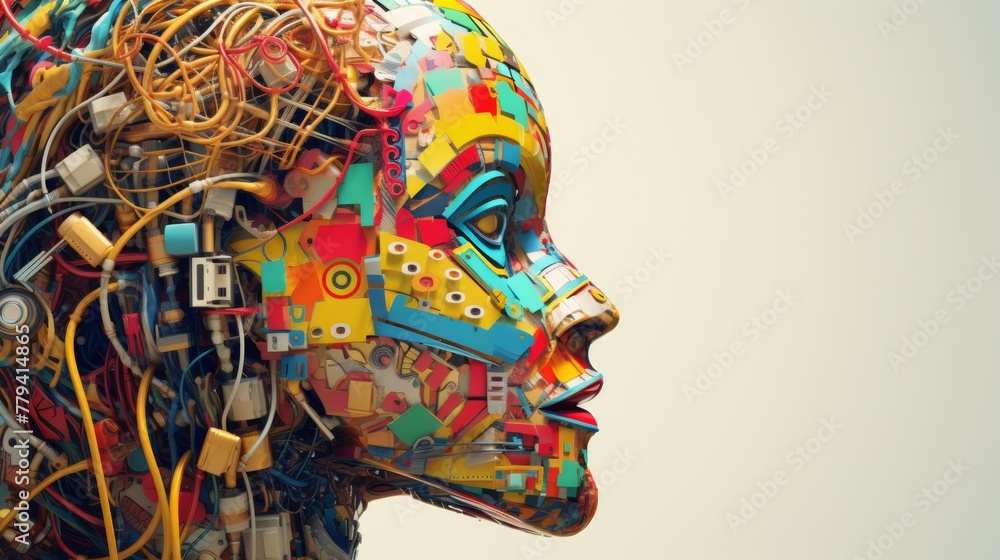 Close-up of a futuristic head silhouette, intricately combined with colorful circuitry, embodying powerful technology, origami, futuristic neon, hyper-realistic photography