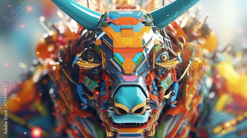 Close-up of a futuristic bull head merging with a vibrant electronic board, symbolizing powerful technology