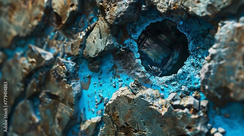 Close-up of a hollow blue hole in a rugged wall  revealing a robot hidden within  crafted from breakable materials  hinting at secrets beyond