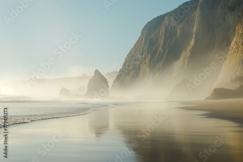 Serene coastal landscape with golden sunlight piercing through the morning mist over cliffs and sea.