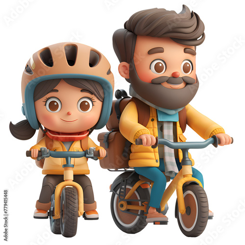 A 3D animated cartoon render of a mother and father riding separate bikes with a child in a bike seat.
