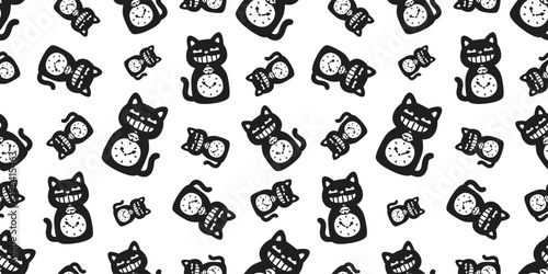 cat seamless pattern clock vector black kitten smile calico neko munchkin pet cartoon doodle gift wrapping paper tile background repeat wallpaper illustration isolated design
