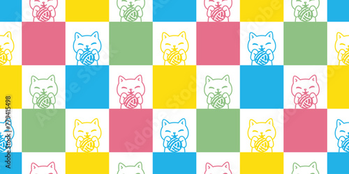 cat seamless pattern kitten vector yarn ball calico neko munchkin pet cartoon doodle checked tile background gift wrapping paper repeat wallpaper illustration isolated design