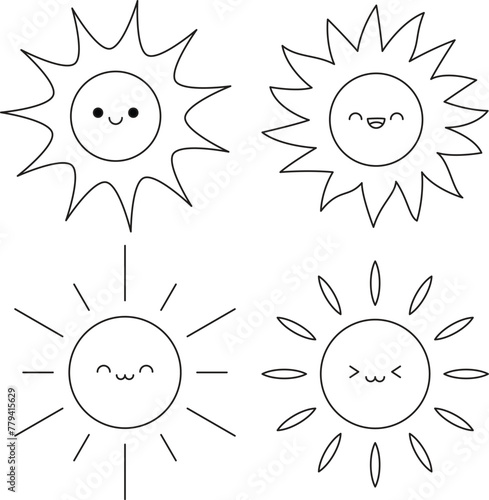 Cute kawaii sun with happy face cartoon character coloring page vector illustration