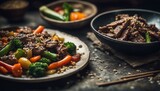 A plate of stir-fried vegetables with beef sits on a dark rustic background, adorned with sesame seeds.
