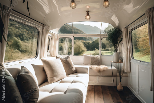 A white camper van with a white interior and a view of the mountains © Javier