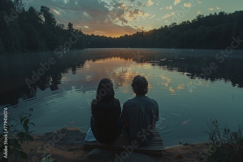 Couple on a dock at sunset, serene lake reflecting sky's hues, a moment of peace.