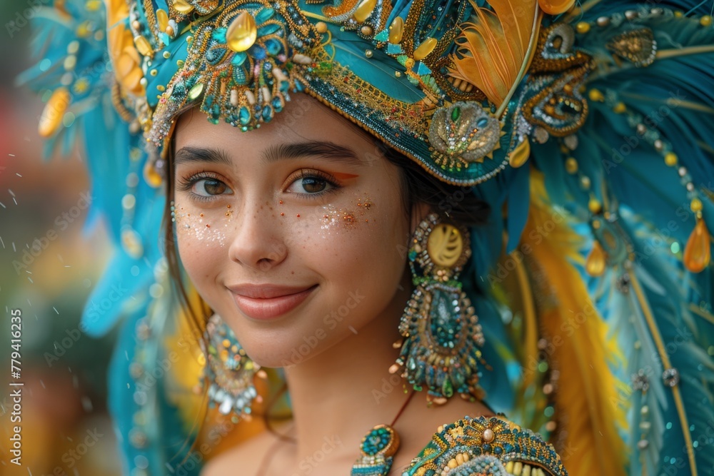 Woman in ornate festival headpiece, her face painted with vibrant colors.