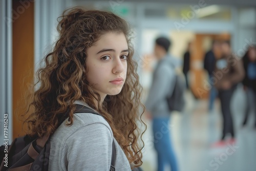 A young female student with curly hair looks contemplatively while standing in a busy school corridor.