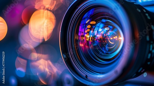 plaintext Close-up of a professional camera lens with vibrant lens reflections, bokeh background