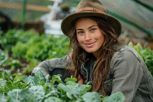 Woman in a hat smiling in a vibrant greenhouse, surrounded by leafy greens.