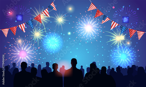 brightly colorful fireworks triangle bunting flags in american national flag USA presidential election concept horizontal