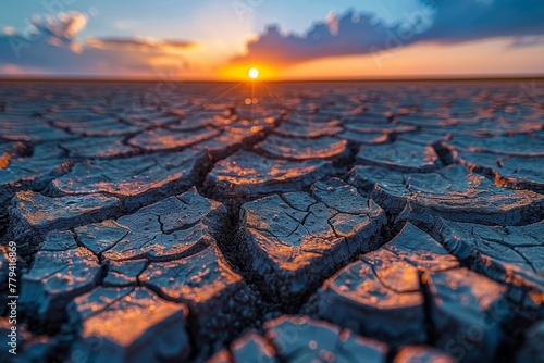 Vivid sunset over a parched earth, the cracks glowing with the last light of day. photo