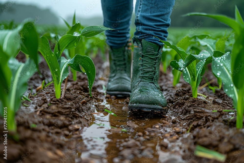 Walking through a muddy farm, a person with boots checks on the young corn crop. Walking through a muddy farm, a person with boots checks on the young corn crop.