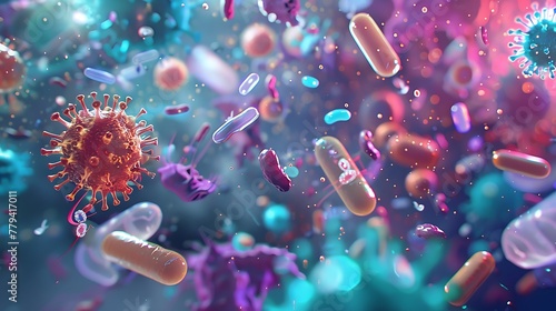 3D rendering of various vibrant and viruses suspended in a microscopic environment,
