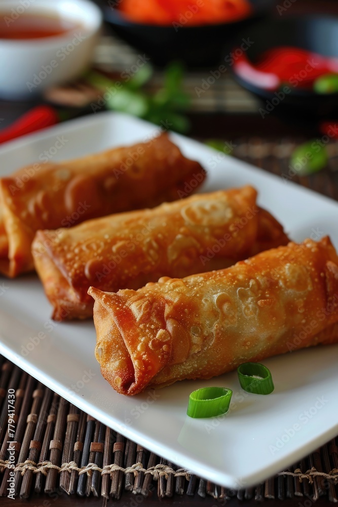 Spring rolls on ornate plate. Asian cuisine concept. Spring rolls on ornate plate. Asian cuisine concept.