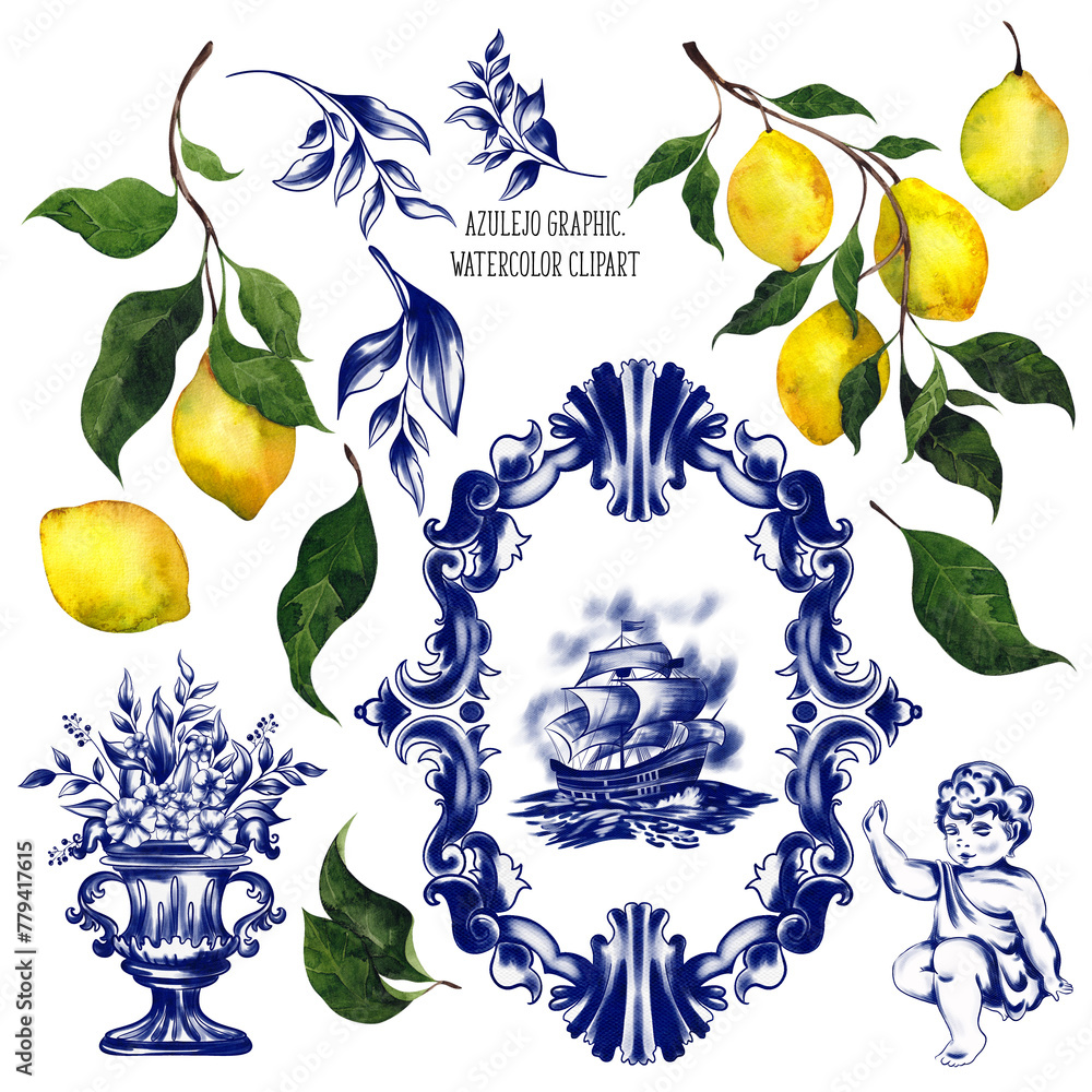 Obraz premium Watercolor clipart. Azulejo graphic element, Madonna, lemon, vase, angel, tile, floral, landscape. Mediterranean illustration. Portugal mural, isolated on transparent background. PNG file 