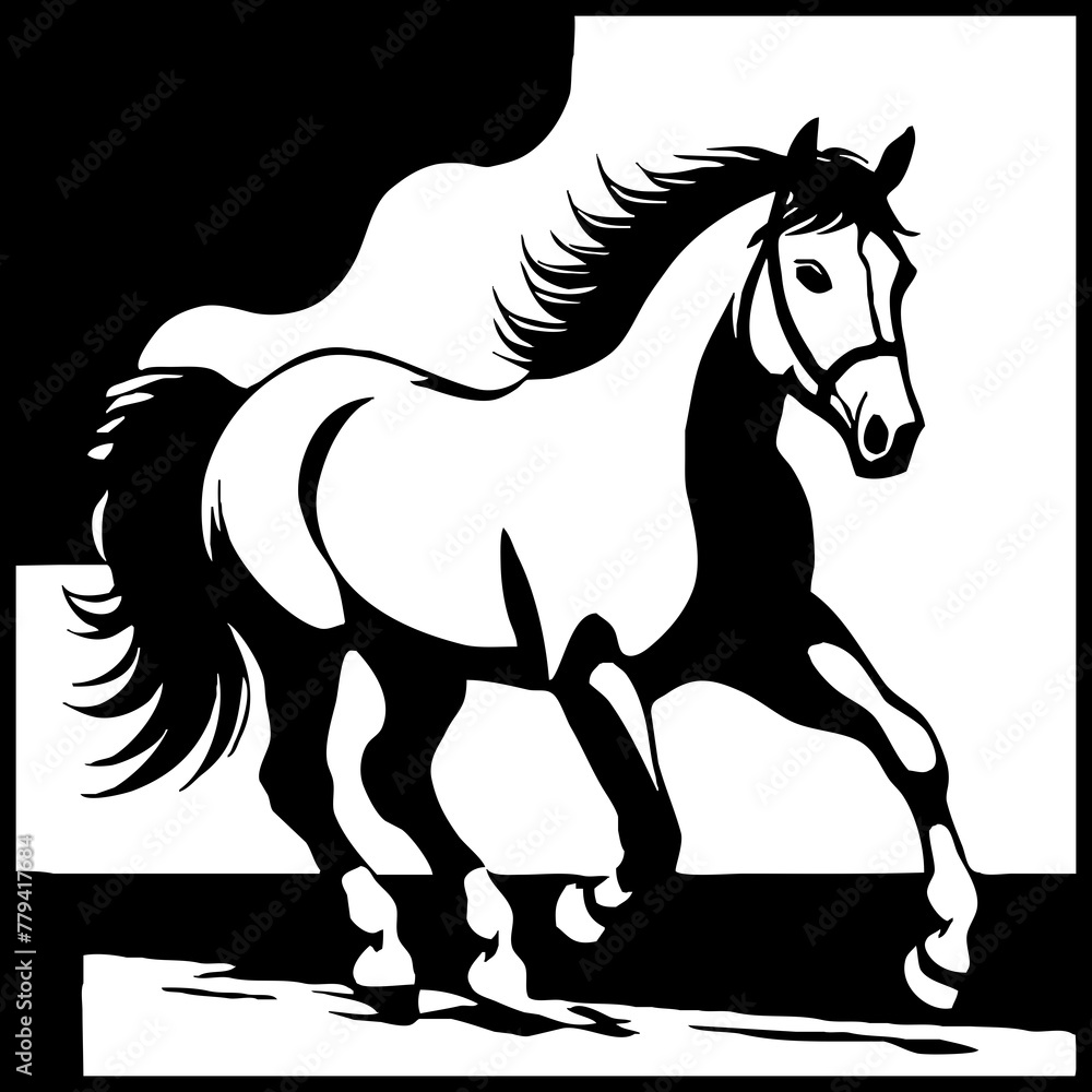 Horse . Black and white animal graphics. Logo design for use in graphics. Print for T-shirts, design for tattoos. Generated by Ai Horse . Black and white animal graphics. Logo design for use in graphics. Print for T-shirts, design for tattoos. Generated by Ai