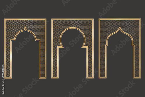 Ramadan Islamic arch frame with ornament. Vector Muslim traditional door illustration for wedding invitation post and templates. Golden frames in oriental style. Persian windows shapes set. photo