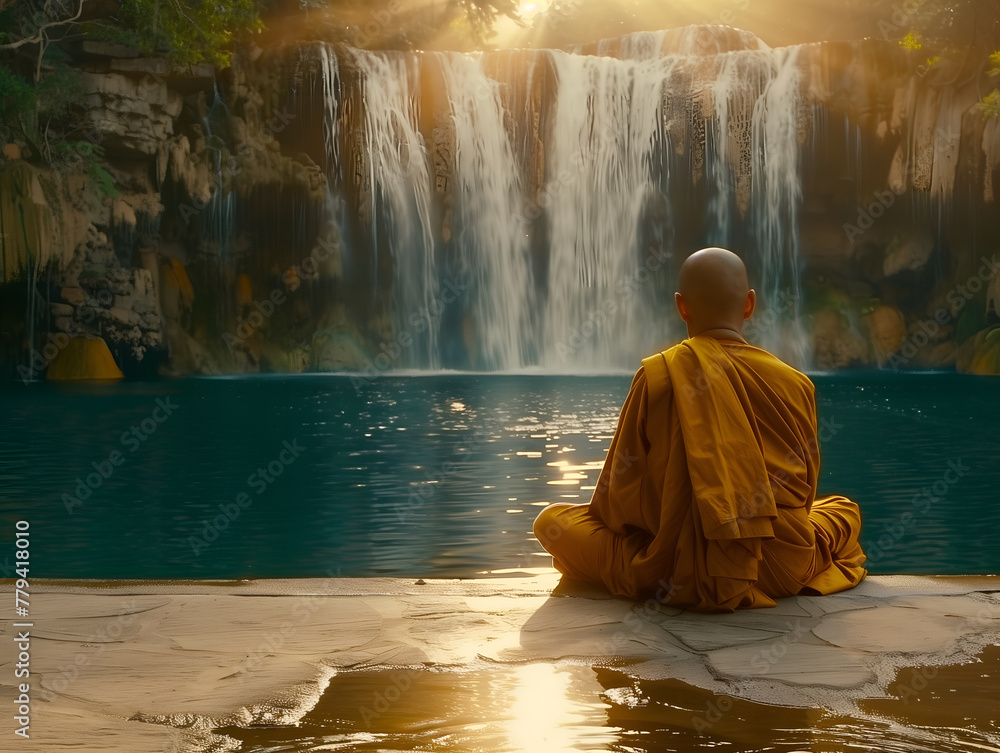 Buddhist monk meditating near a waterfall during a beautiful sunset or sunrise Buddhist monk meditating near a waterfall during a beautiful sunset or sunrise